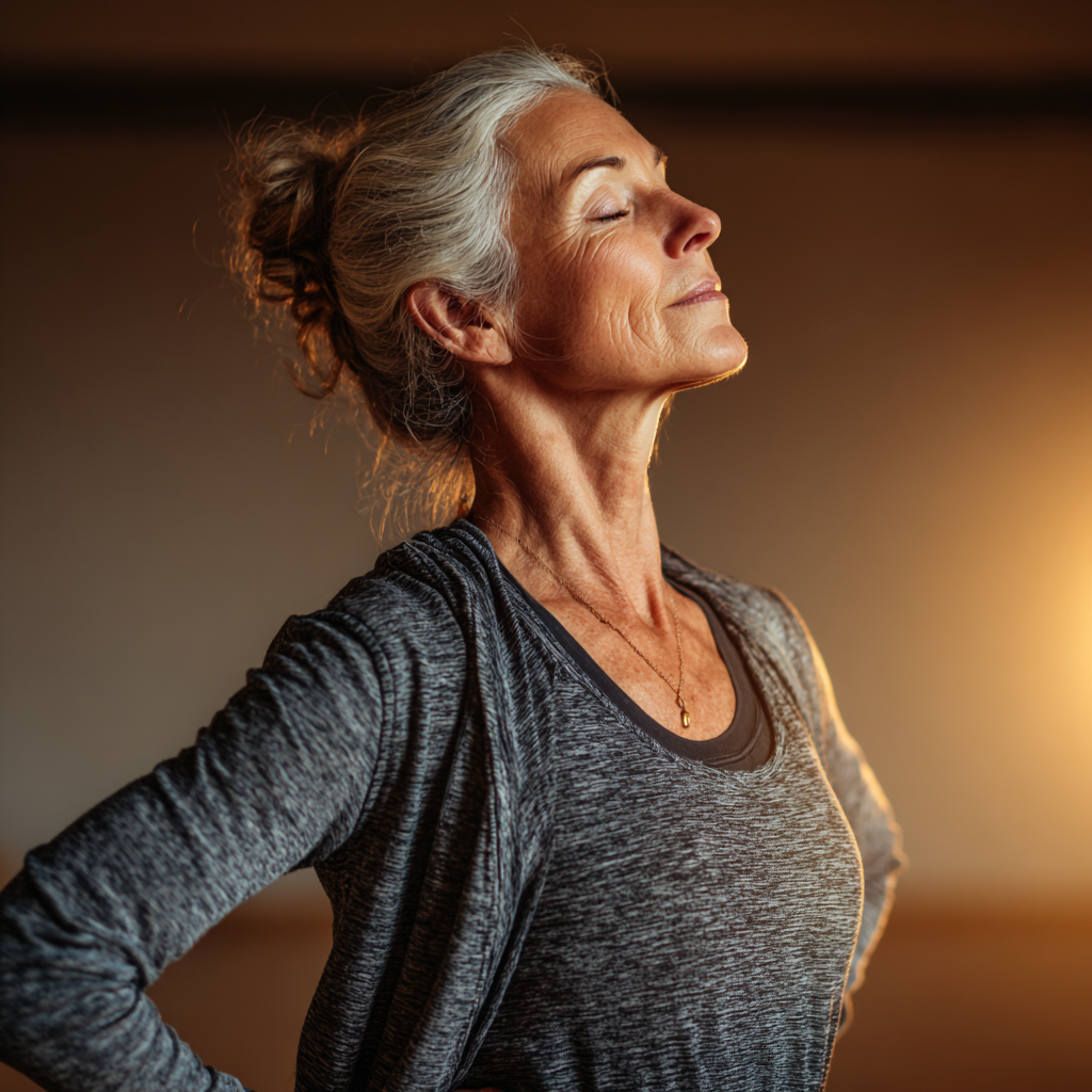 Experienced yoga instructor demonstrating gentle pose for mature adults in warm studio setting
