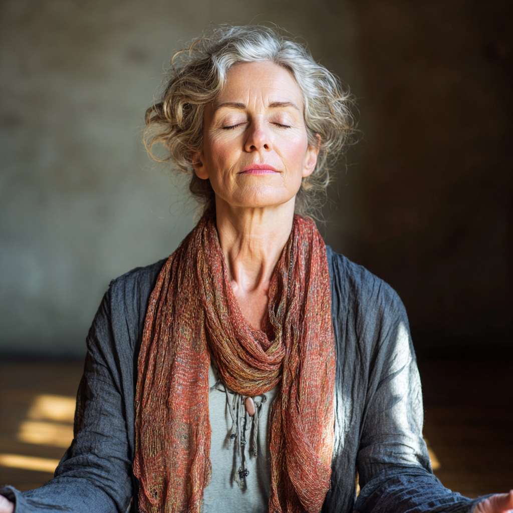 Middle-aged woman in peaceful meditation pose in serene studio environment